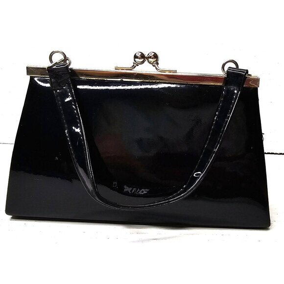 Vintage Black Patent Clutch Purse Gold Frame Kiss Lock - Picture 1 of 10